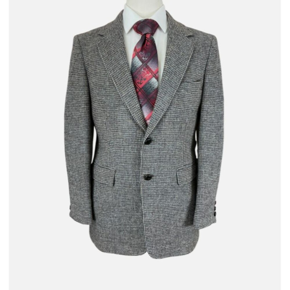VTG Harris Tweed Jacket 38R Scottish Wool Grey Beige Barleycorn Check Handwoven